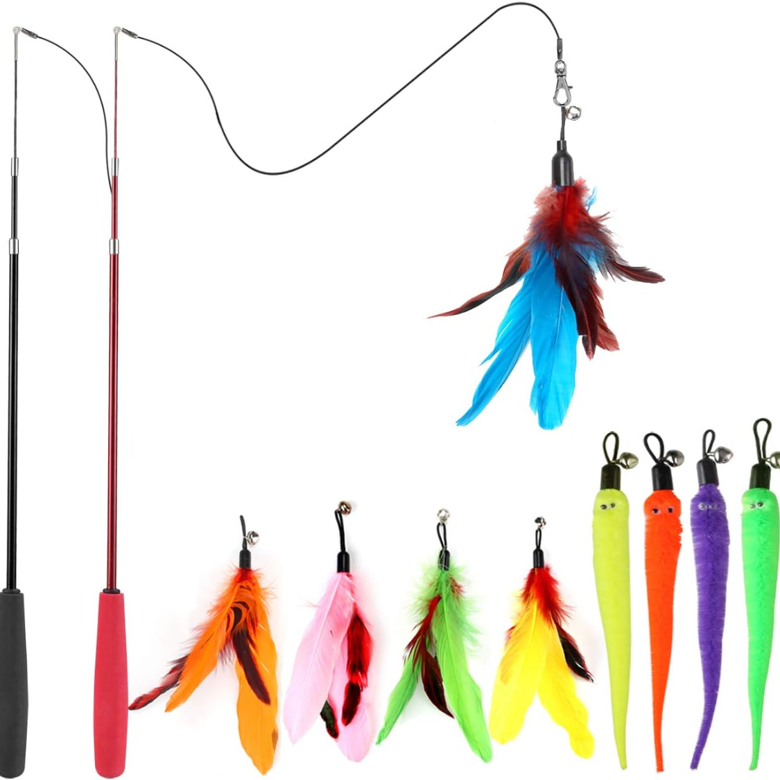 Interactive Cat Toys Set with Retractable Wand & Feather Refills - Multicolor
