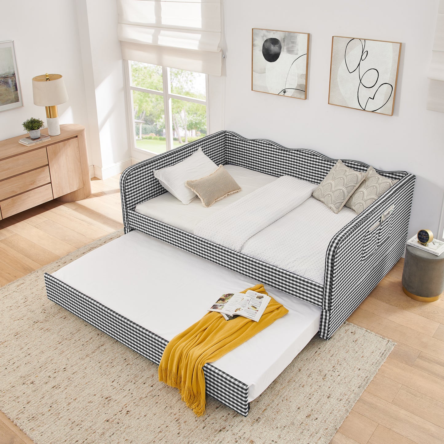 Full-Size Gingham Upholstered Daybed with Trundle & Storage - Black