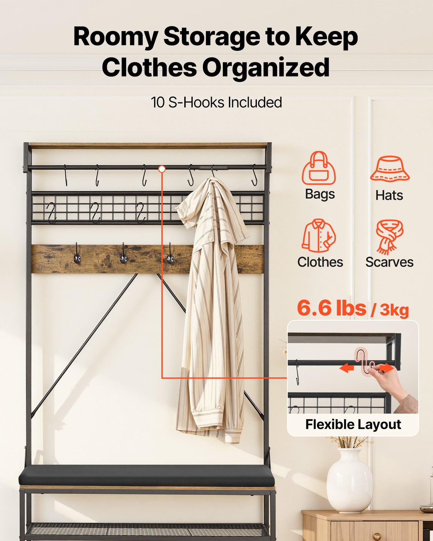 72 Inch Coat Rack with Shoe Bench and 2-Tier Shoe Storage - Freestanding Entryway Organizer, Hooks & Hanging Rod, Steel Frame, Black