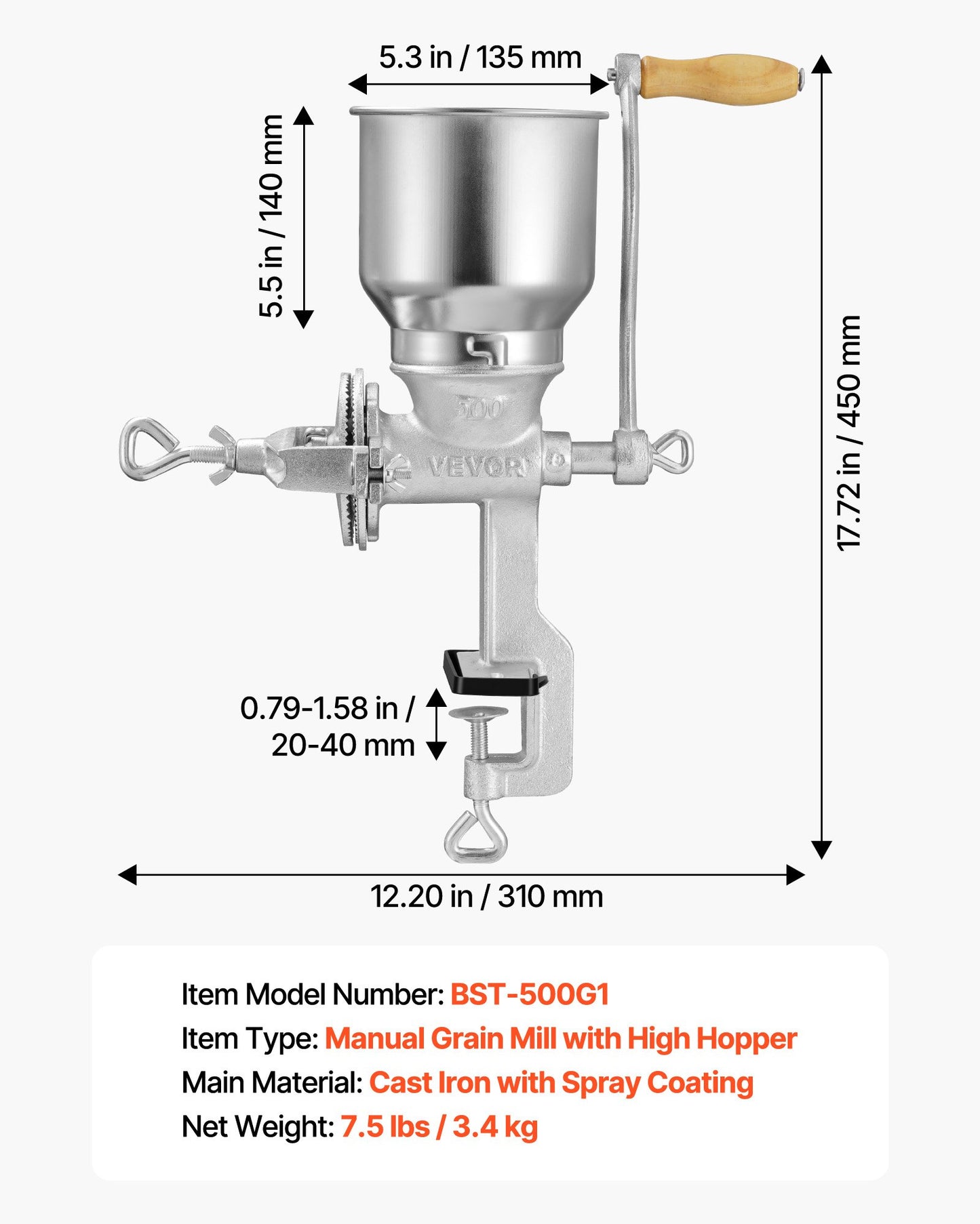 Manual Grain Mill with High Hopper - Hand-Crank Corn & Nut Grinder, Heavy Duty Cast Iron Kitchen Tool