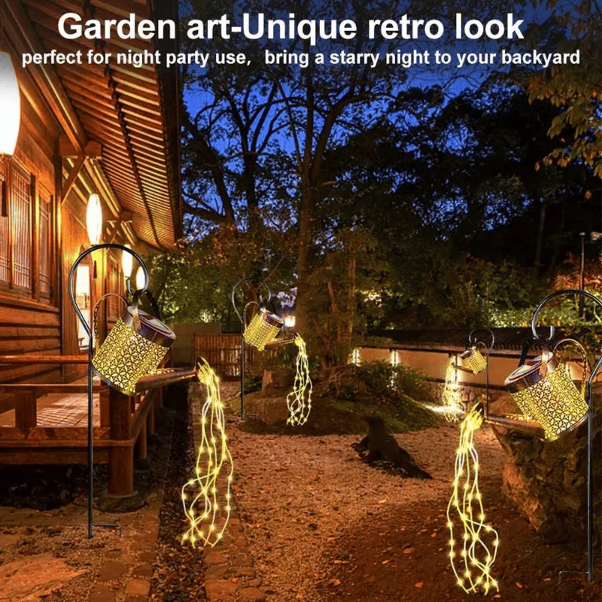 Outdoor Solar Watering Can Lantern String Lights Garden Decor Waterproof Metal Kettle