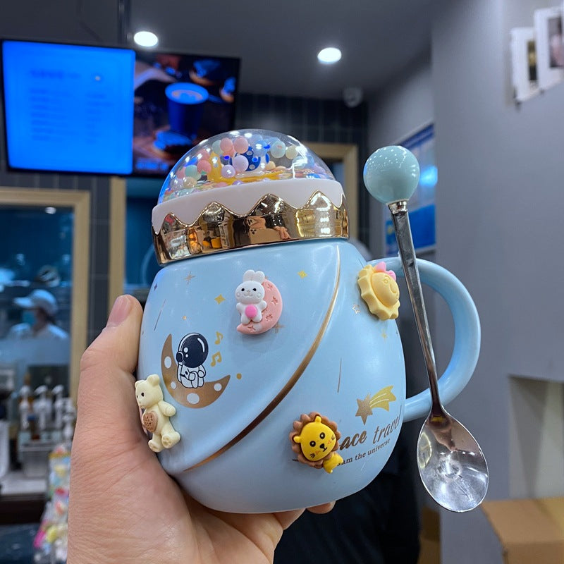 Korean Mug with Spoon and Cover - 450ml Ceramic Drinkware Set