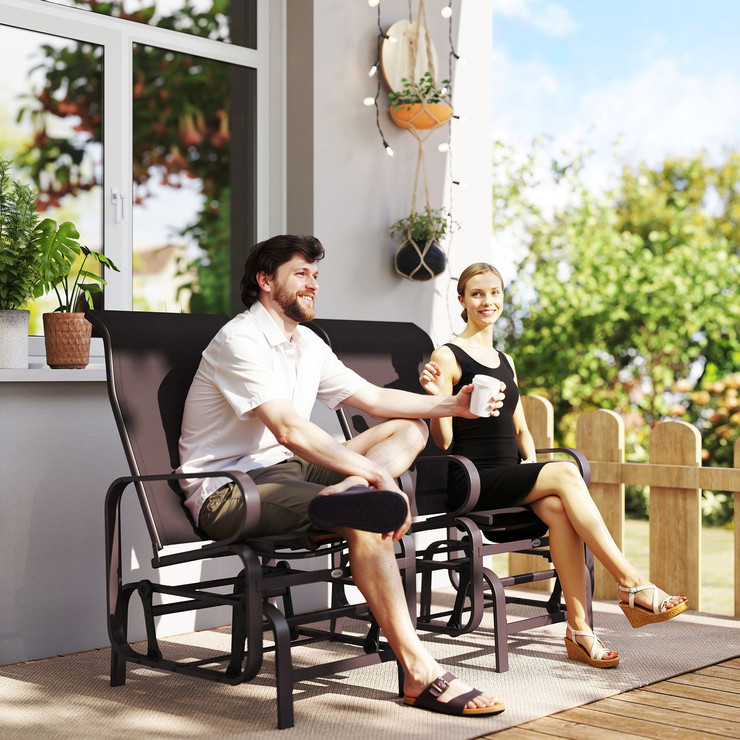 Outdoor Glider Chair Set of 2 - Lightweight Metal & Mesh, Brown