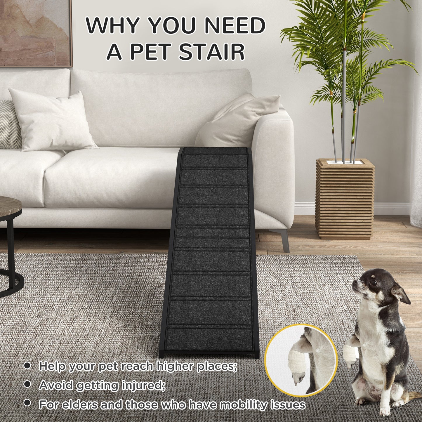 Dog Ramp with Non-Slip Carpet and Top Platform - 74 x 16 x 25 Inches, Black