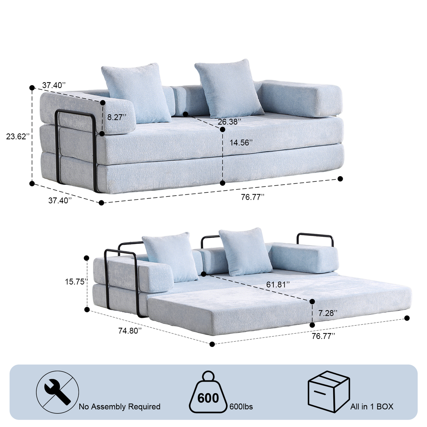 Convertible Floor Sofa Bed with Pillow Back Support - Light Blue