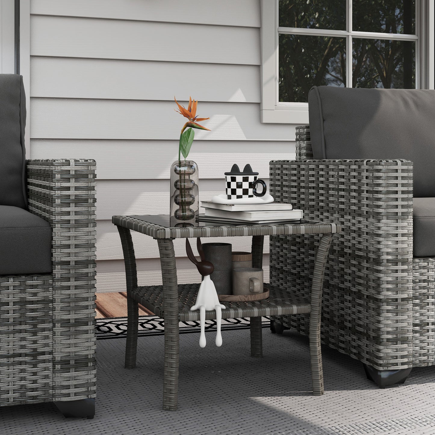 Outdoor Rattan Coffee Table with Storage Shelf - Mixed Gray