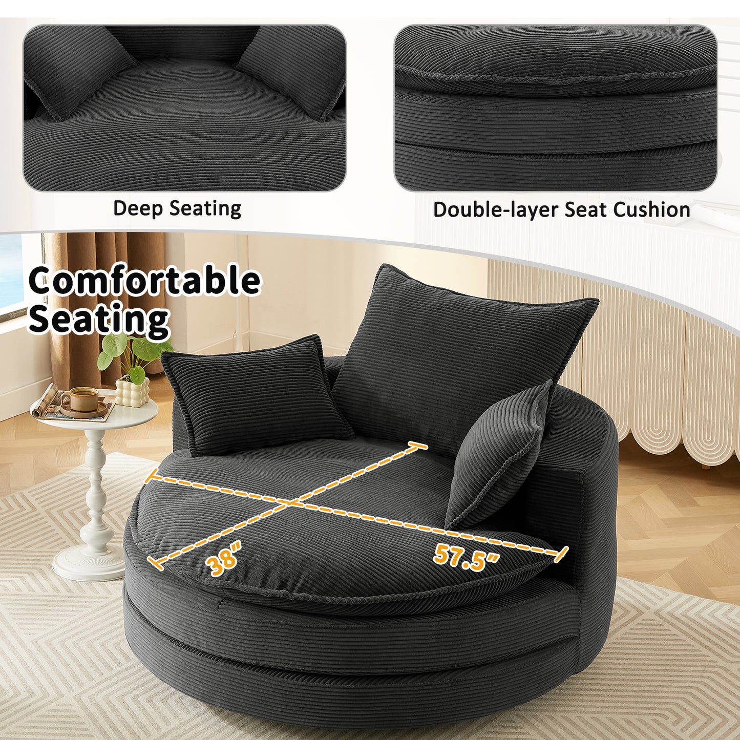 Oversized 360° Swivel Chair with Dual-Layer Cushions - Black