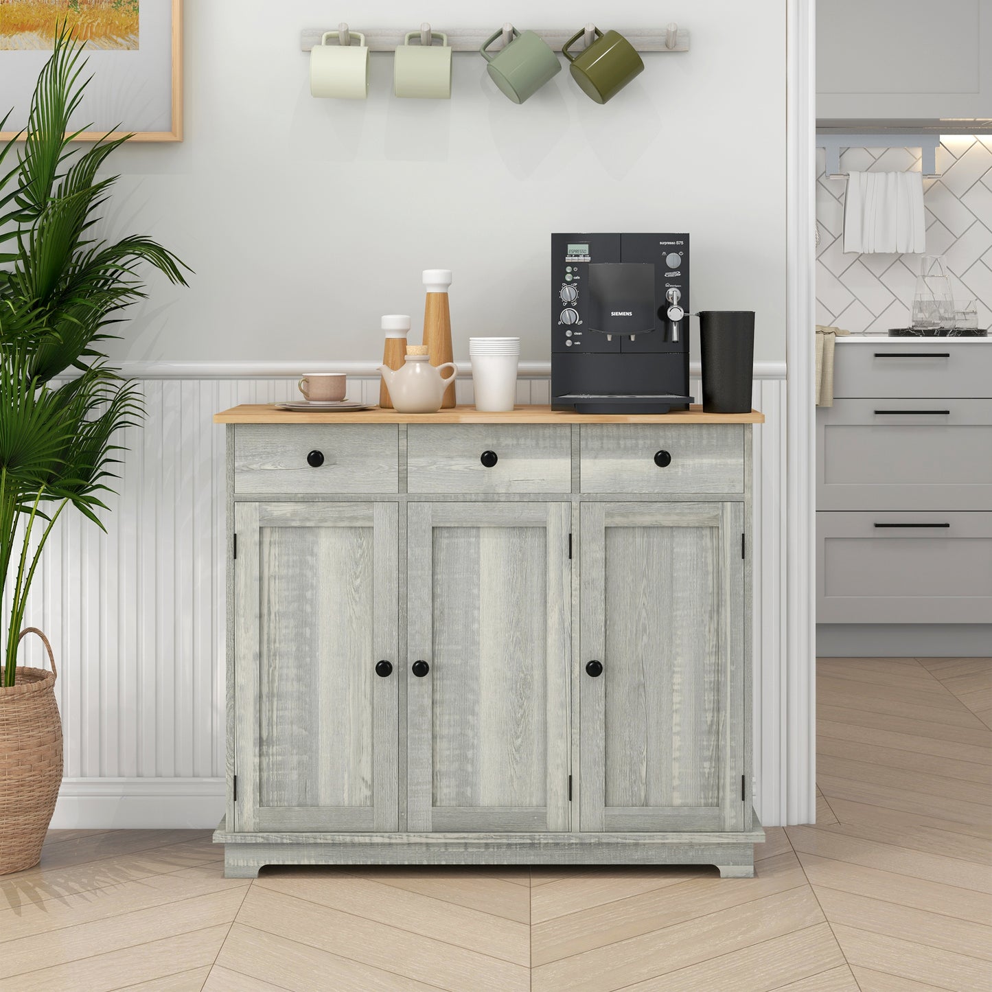 Kitchen Storage Cabinet with Adjustable Shelf & 3 Drawers - Light Gray