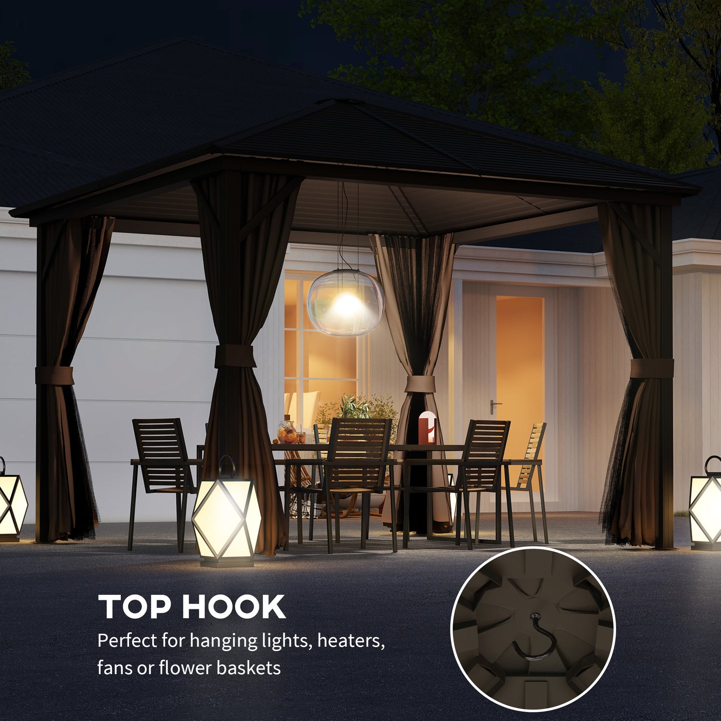 10x10 Aluminum Hardtop Gazebo Canopy with Curtains & Hook - Brown