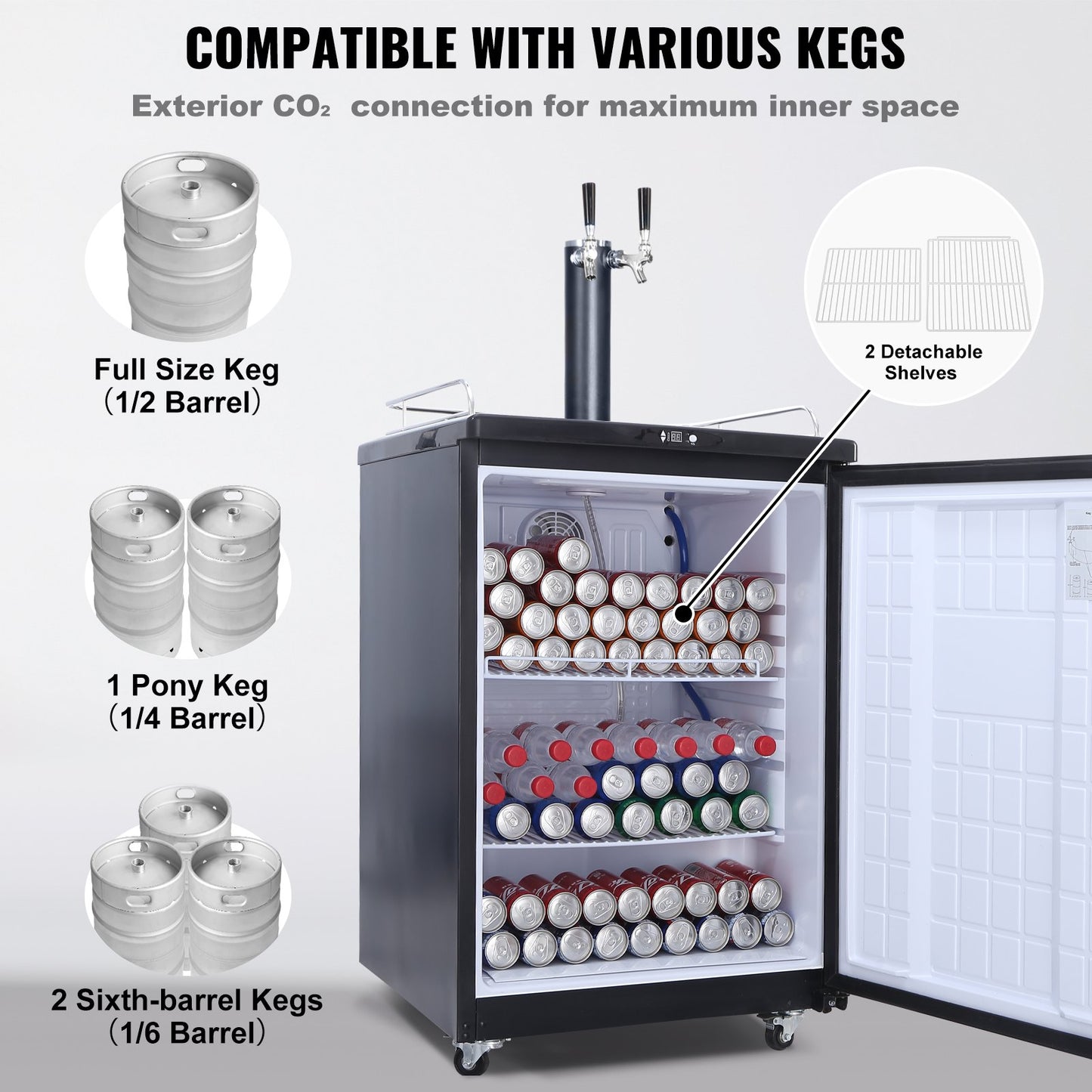 Silver Dual Tap Beer Kegerator Dispenser with Full-Size Keg Fridge, CO2 & Shelves