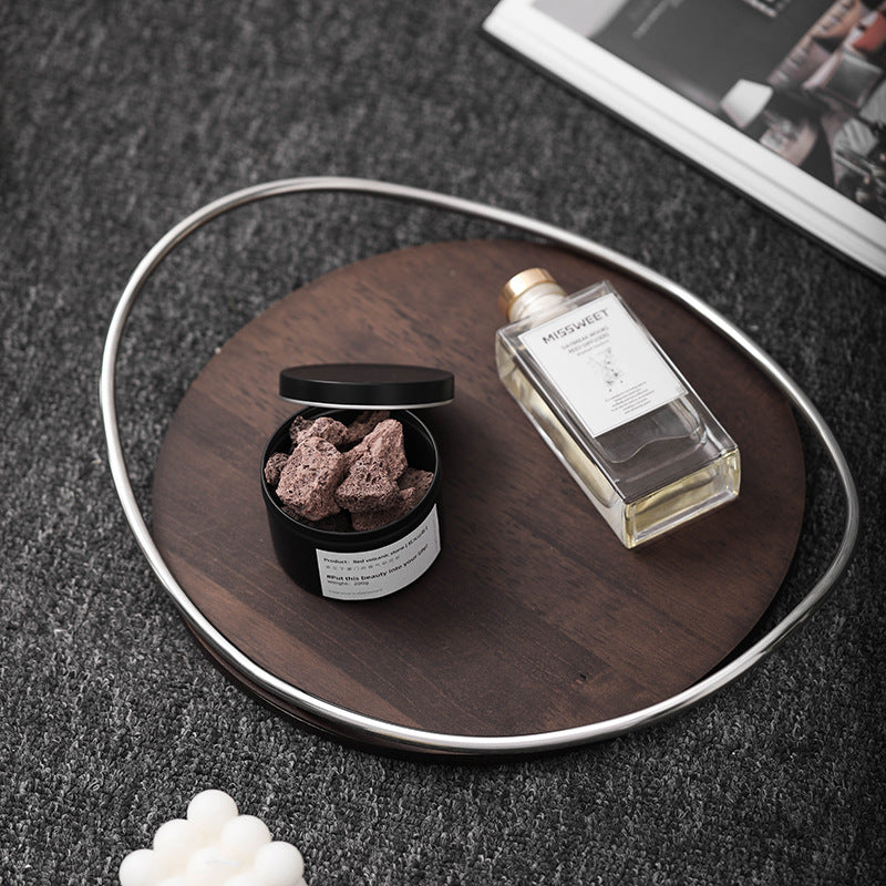 Wooden and Stainless Steel Mirror Tray for Living Room Tea and Coffee Storage