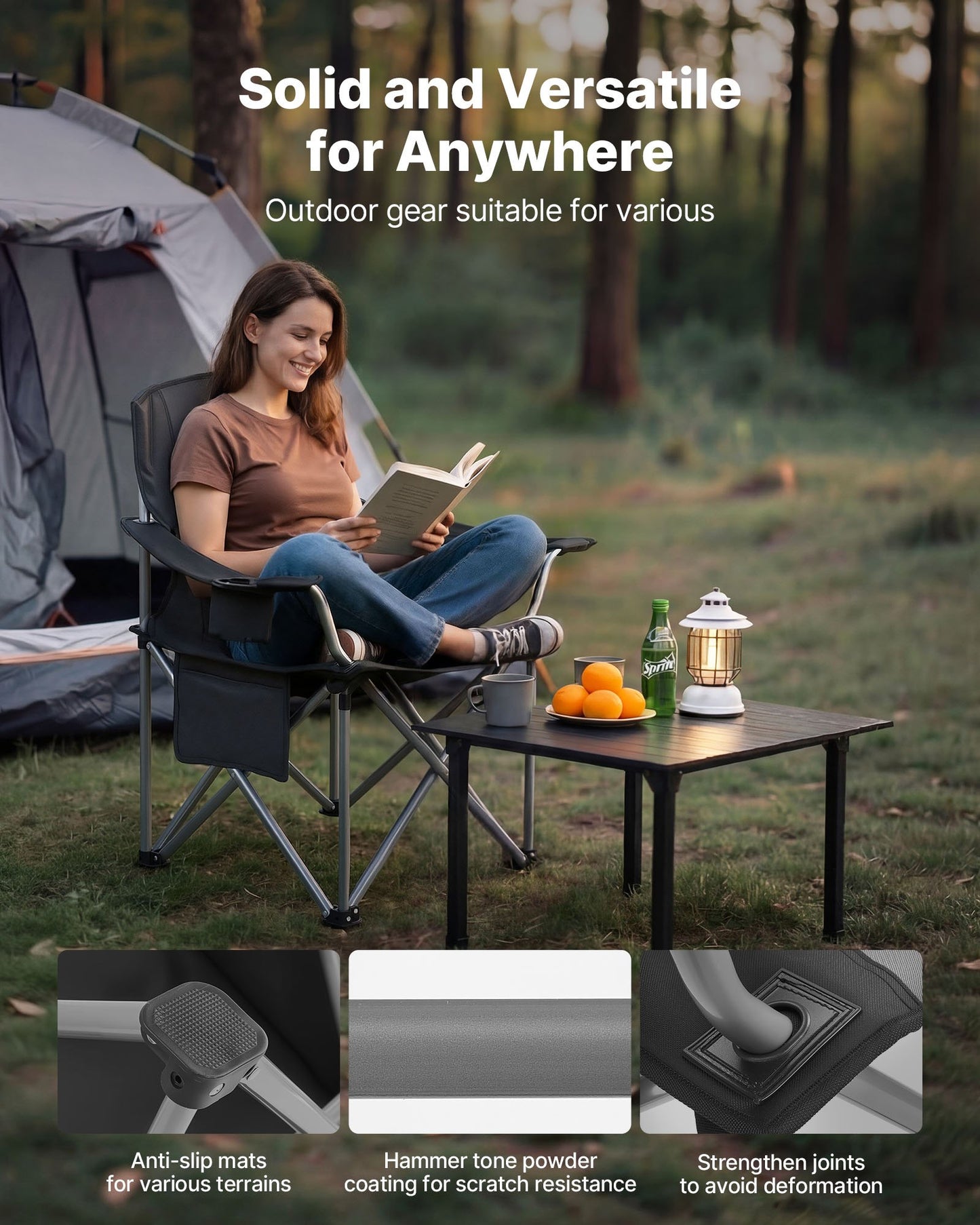 Heavy Duty Camping Chairs 450 Lb Support Portable Folding with Padded Backrest & Armrests – 2 Pack