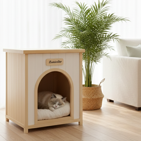 Indoor Wooden Dog House with Removable Cushion - Small Pet Shelter, Scandinavian Design