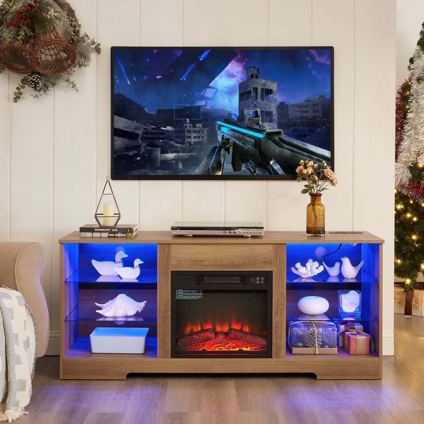 TV Stand Electric Fireplace With Glass Shelves, 3D LED Lights Wood