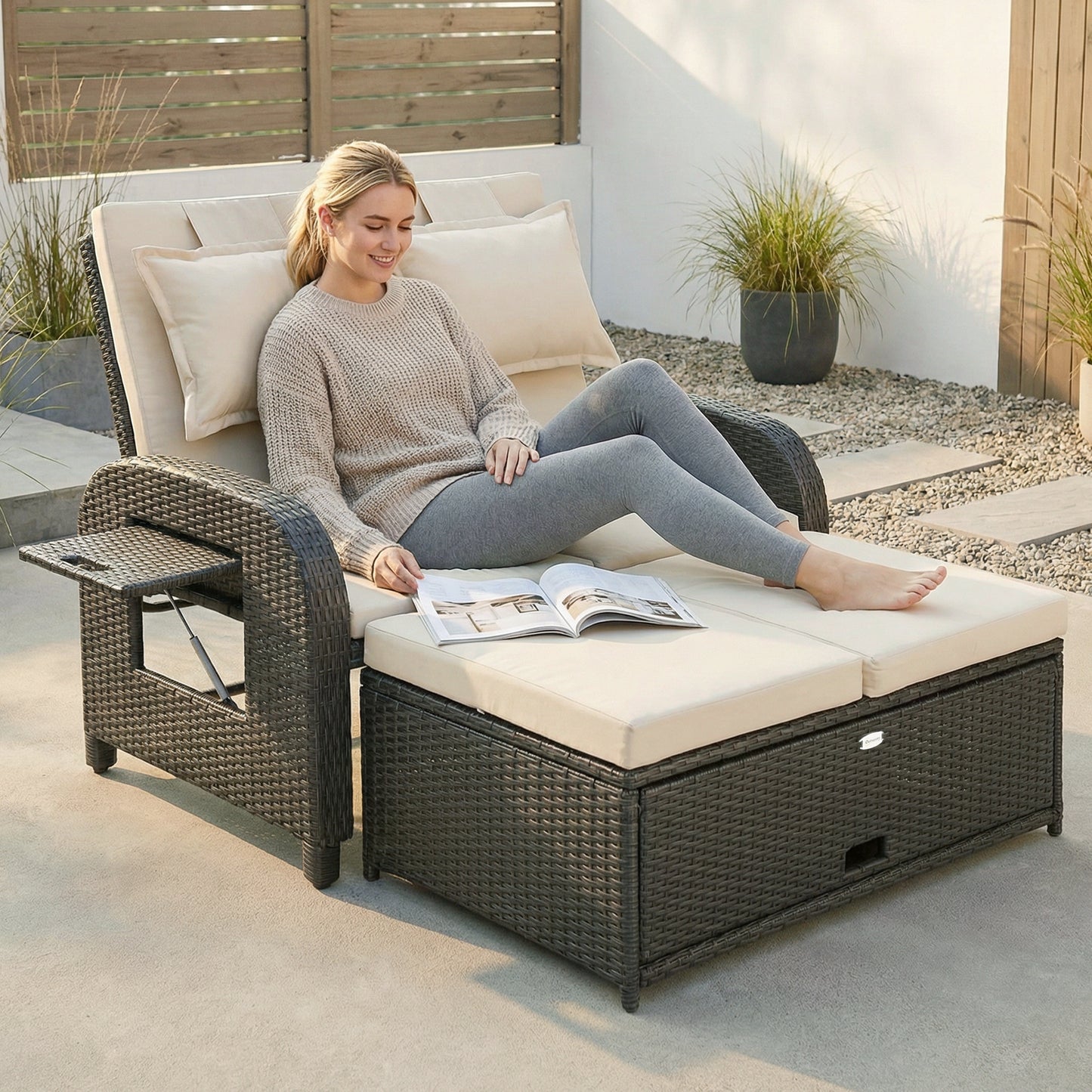 Outdoor Rattan Daybed with Storage Ottoman & Adjustable Backrest - Beige