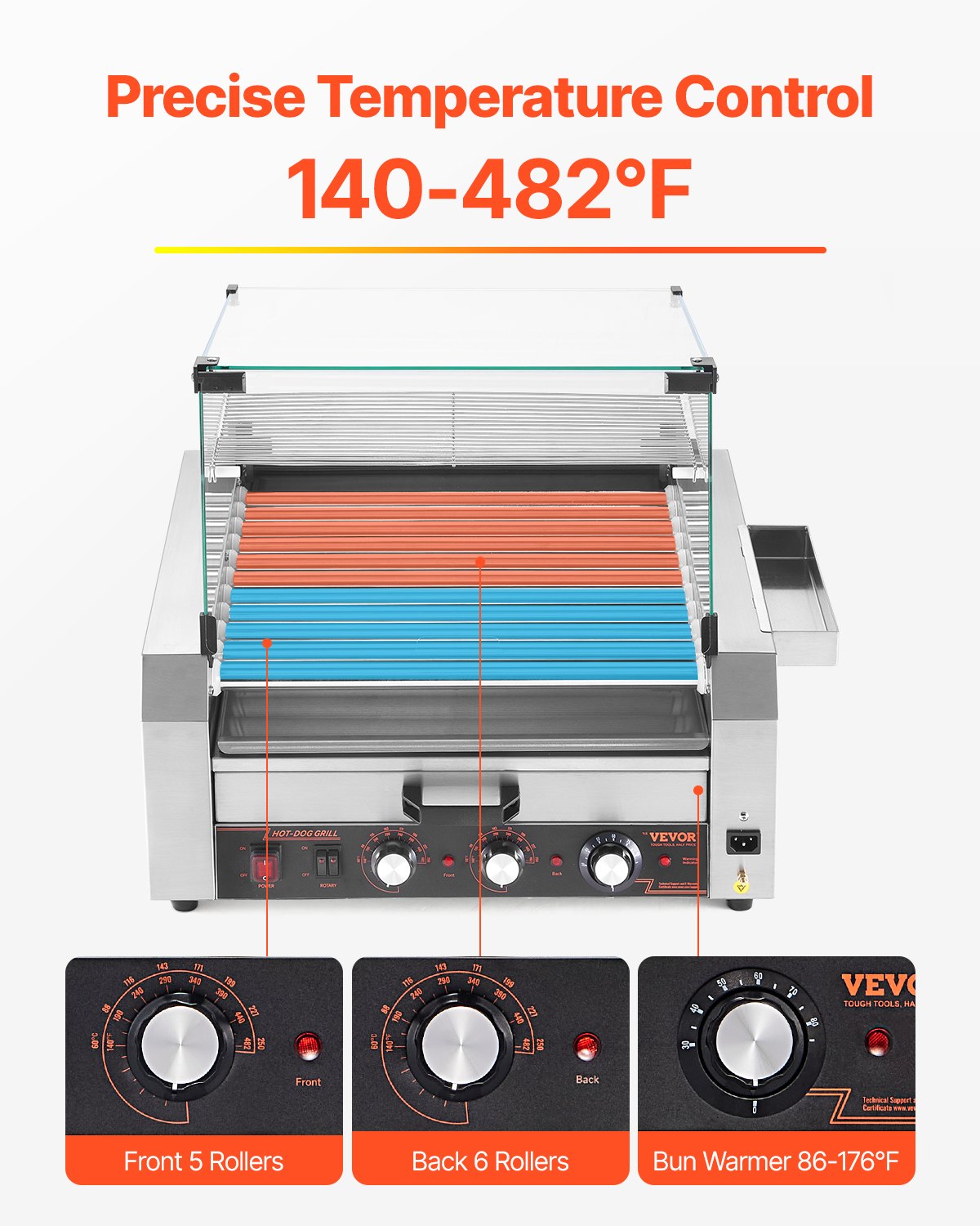 Electric Hot Dog Roller Grill Cooker with Bun Warmer - 1950W, Silver