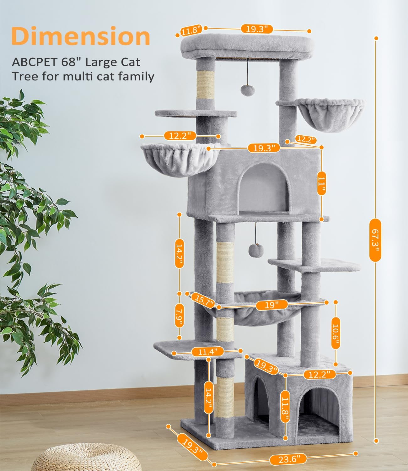 Large Multi-Tier Cat Tree with Sisal Scratching Posts and Widened Perches - Light Gray