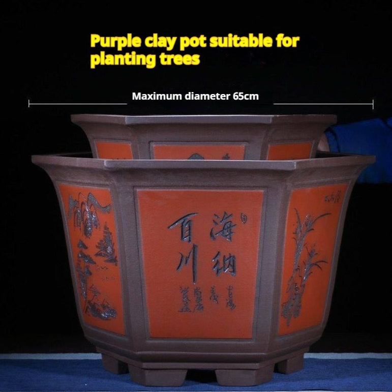 Large Hexagonal Handcrafted Yixing Zisha Flower Pot for Indoor Plants