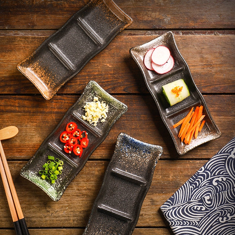 Rectangular Ceramic Sauce Dish with Three Grid Sections - Japanese Style Kitchenware