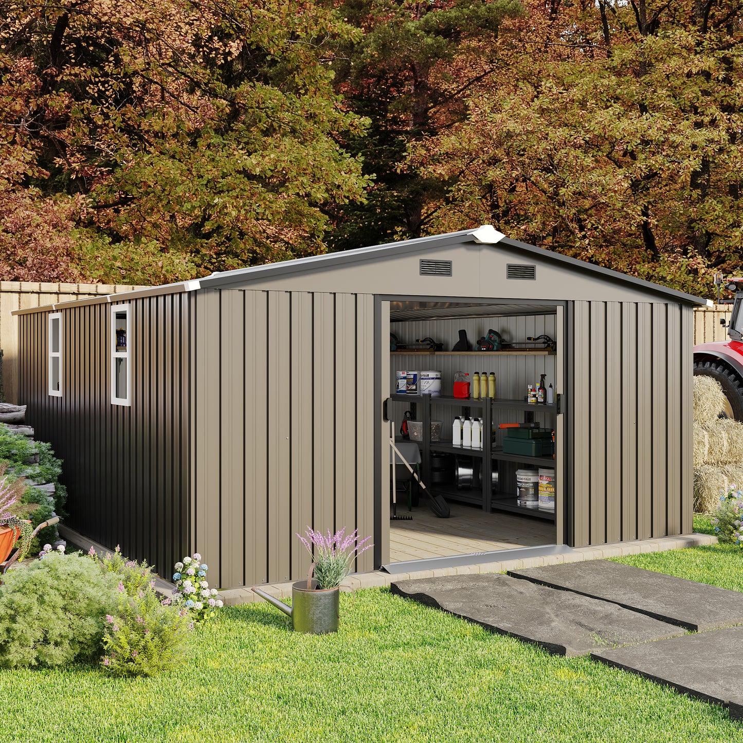 10x12ft Steel Storage Shed with Protective Film & Windows - Brown