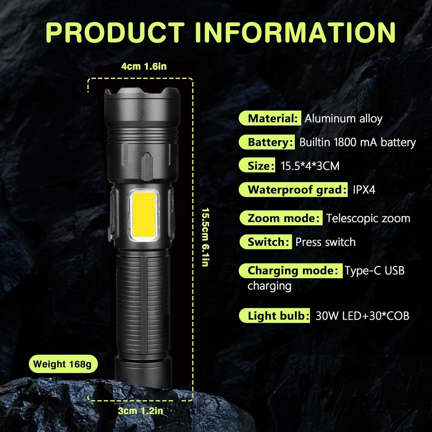 Rechargeable LED Flashlight 10,000 Lumens Waterproof USB Torch Black