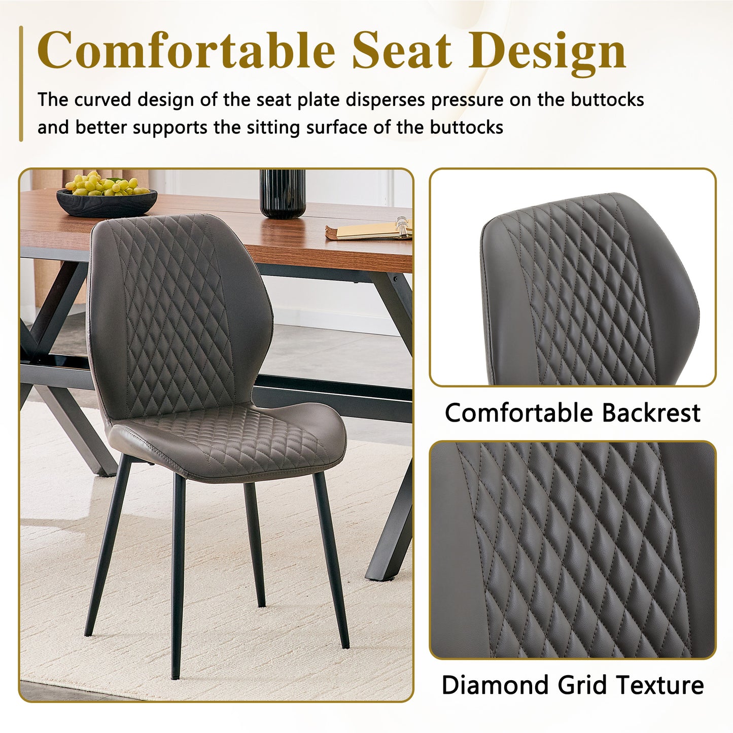 Set Of 4 Modern Light Luxury Dark Gray Diamond-quilted PU Chairs With