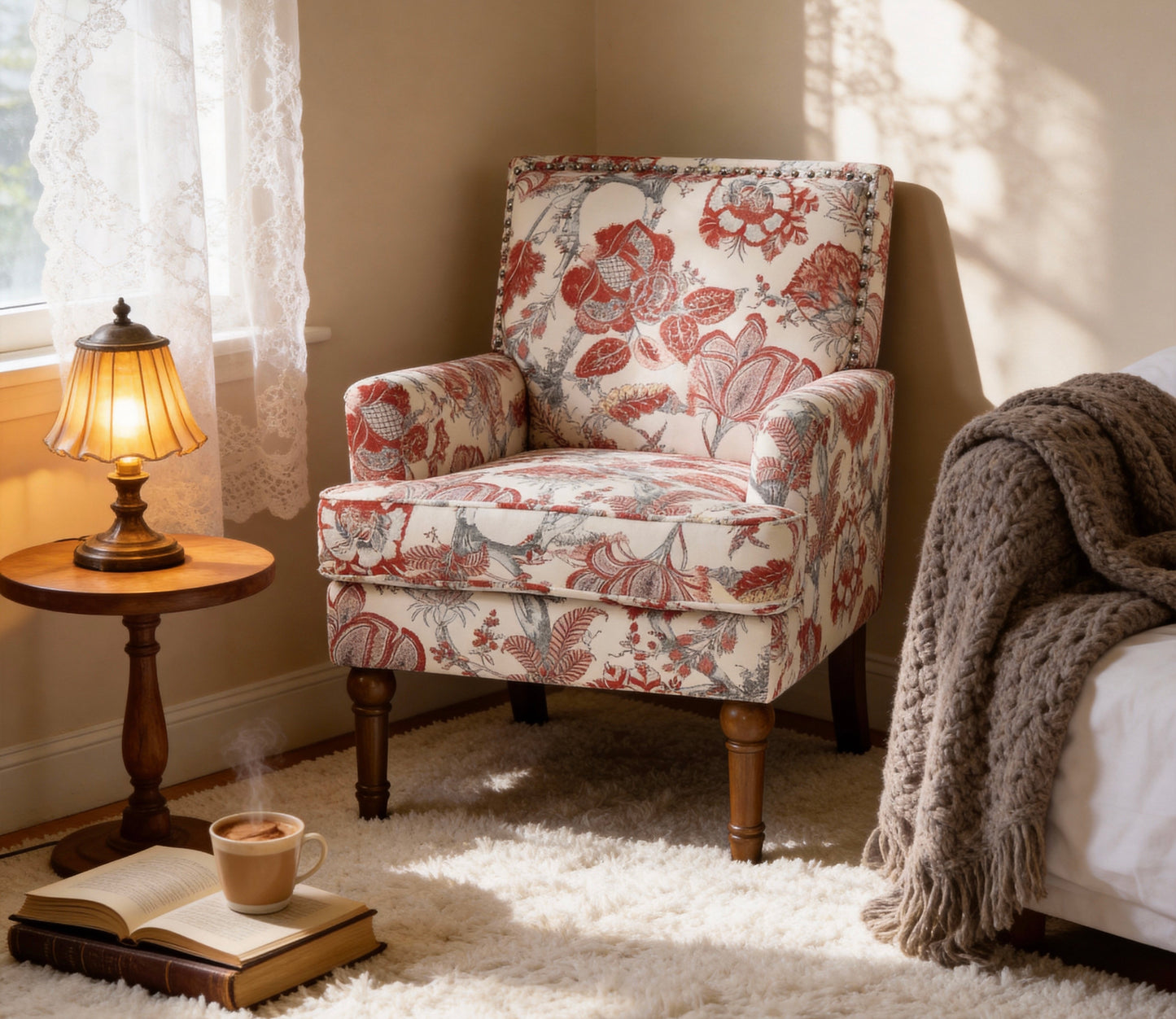 Floral Accent Chair with Nailhead Trim - Red Upholstered Slipper Chair