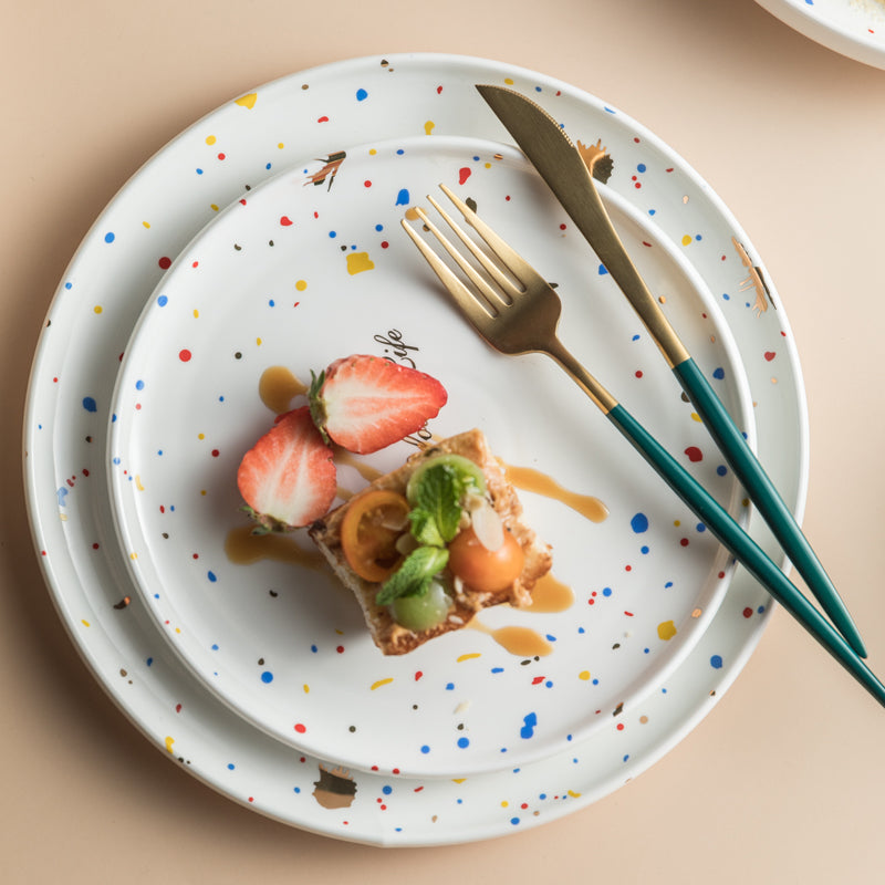 Ceramic Terrazzo Plate Set - Round Dinnerware for Kitchen & Dining