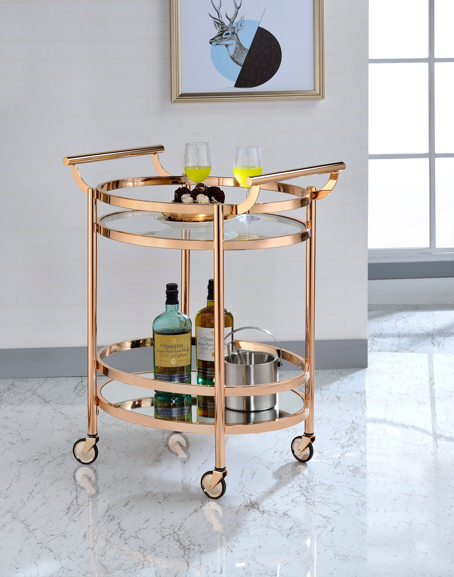 Clear Glass Serving Cart with Rose Gold Finish