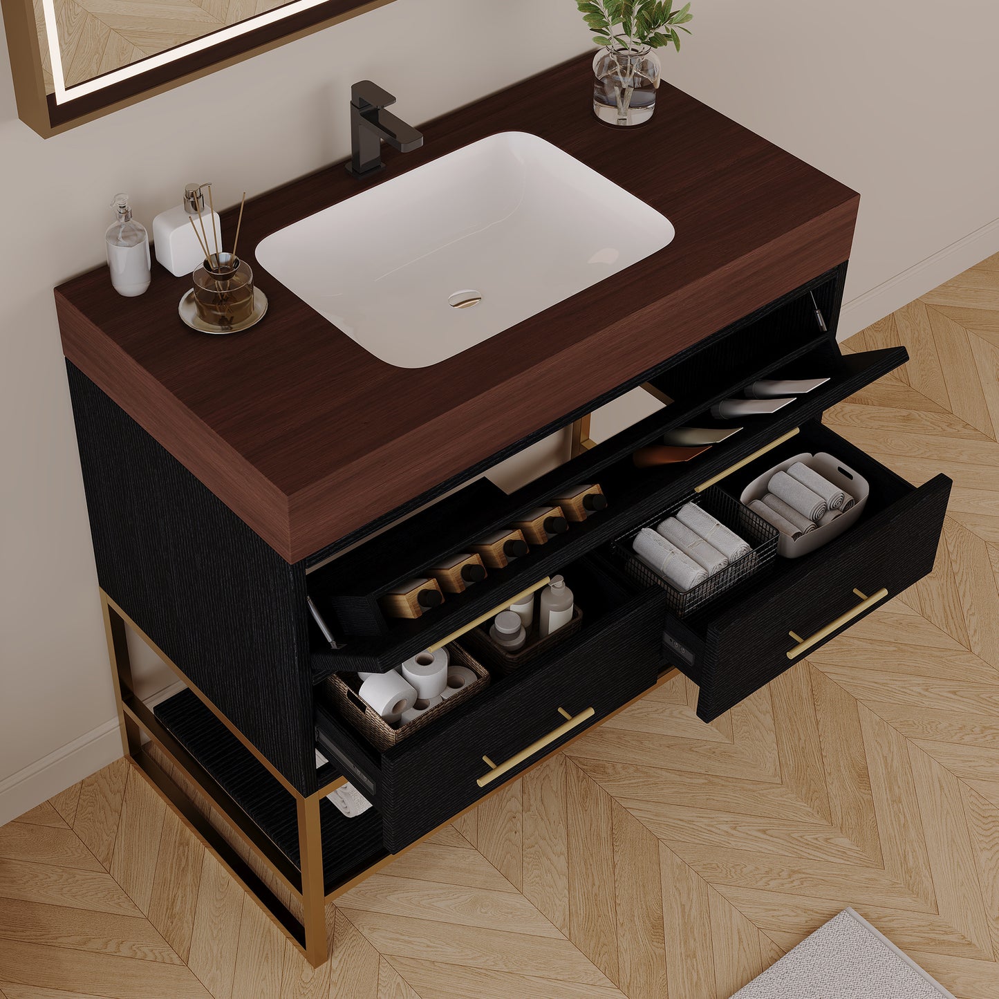 36" Modern Artificial Stone Bathroom Vanity with Ceramic Sink - Black Walnut