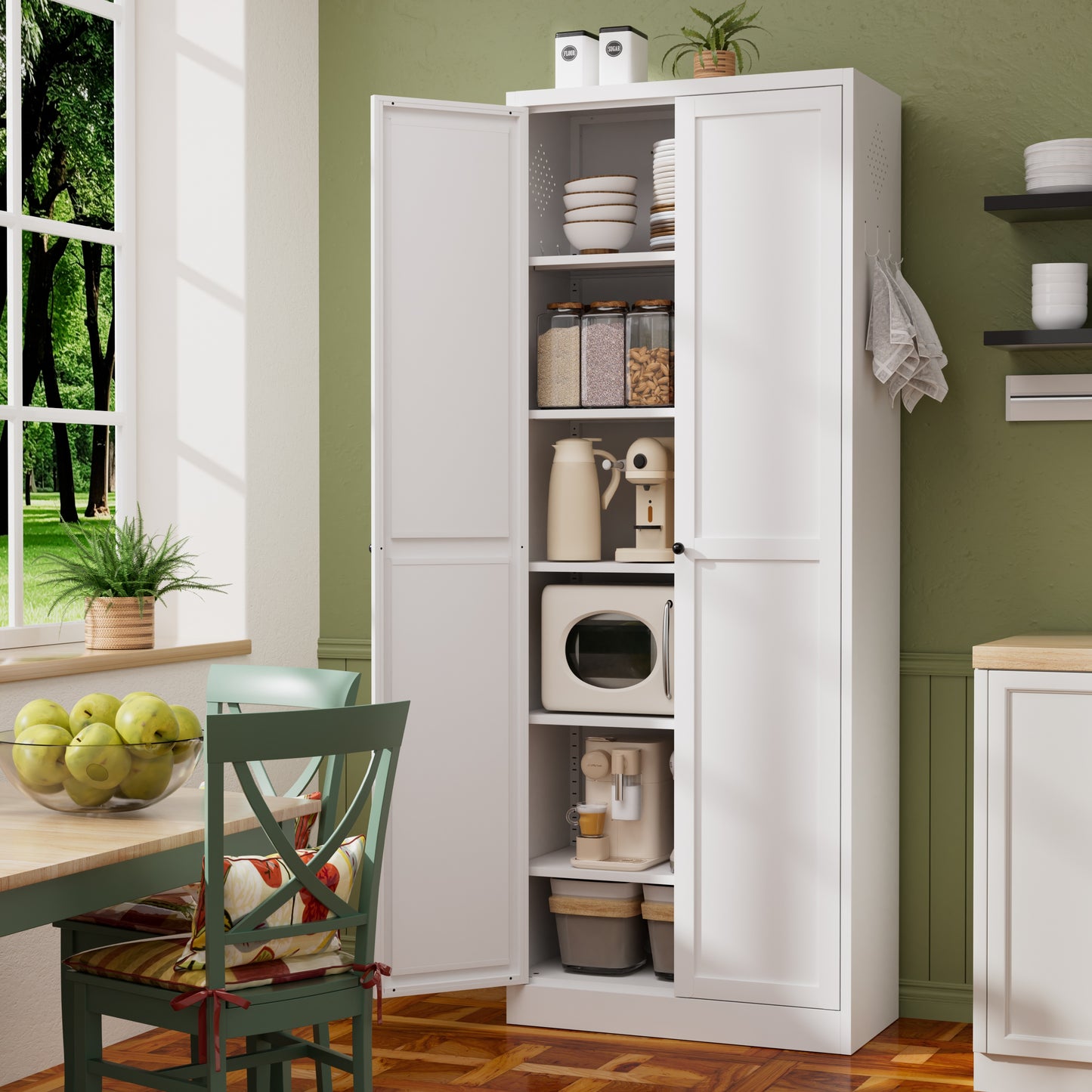 72" White Metal Kitchen Pantry Cabinet - Heavy-Duty Storage Organizer with 5 Adjustable Shelves