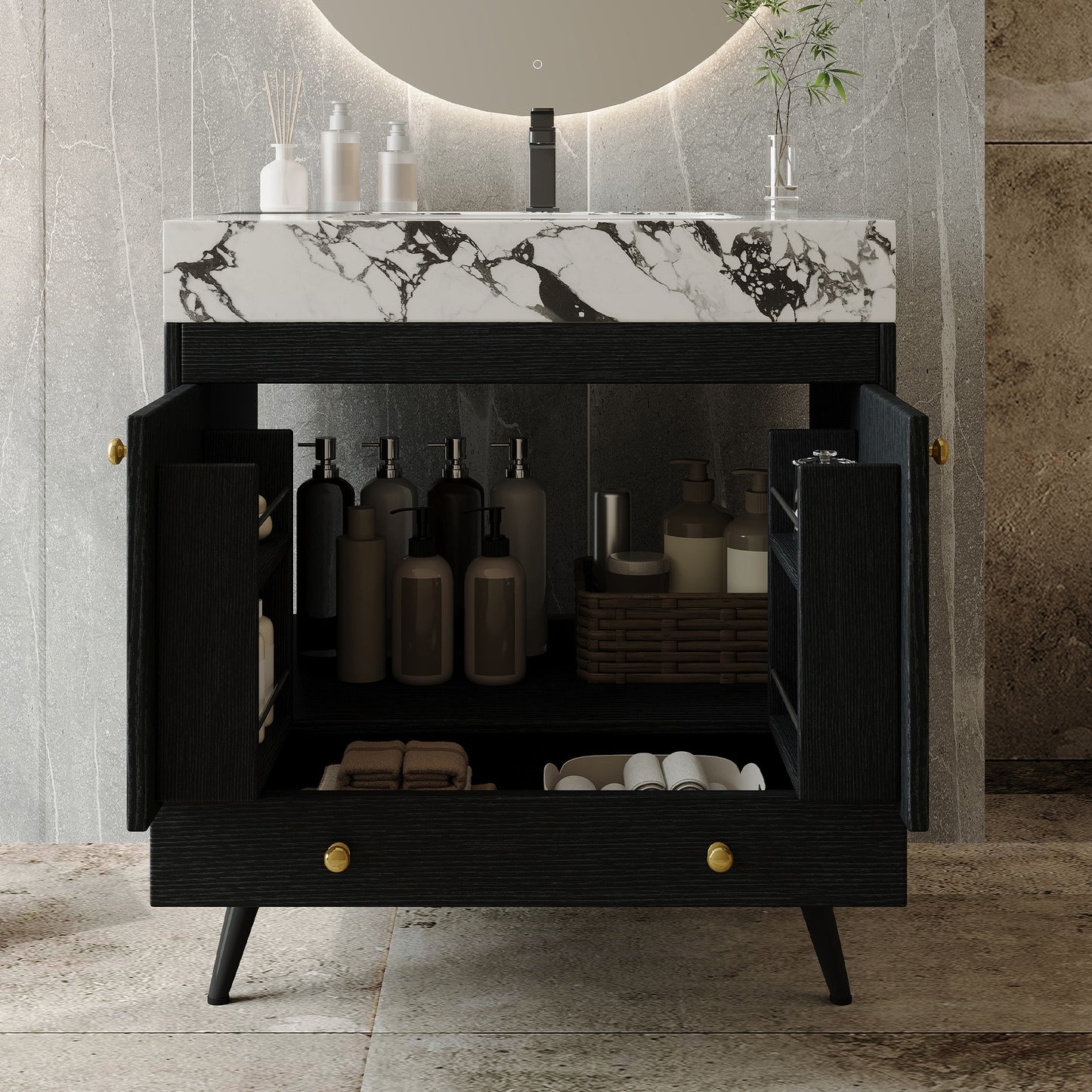 Contemporary Free-standing Bathroom Vanity with Faux Marble Top - 30" Double Door Storage Cabinet