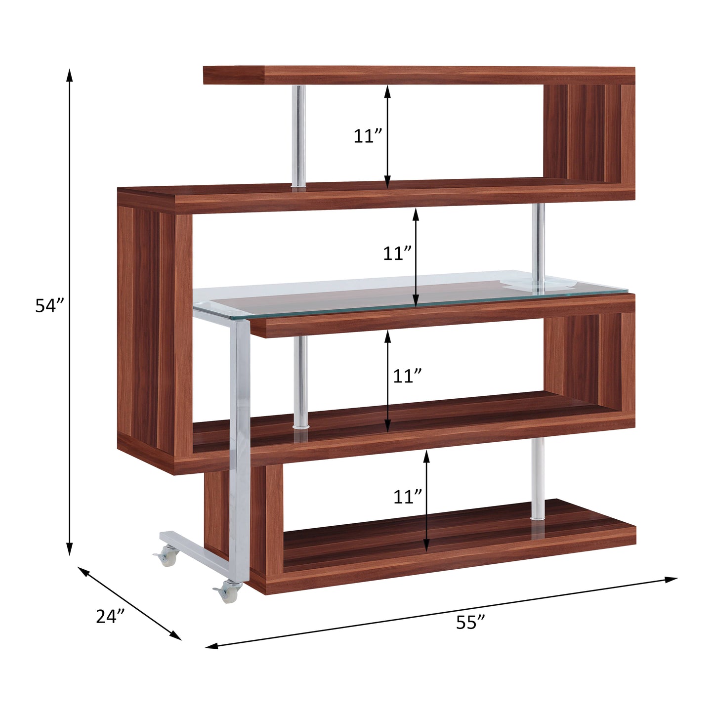 Clear Glass & Chrome Writing Desk with Shelf - Walnut Finish