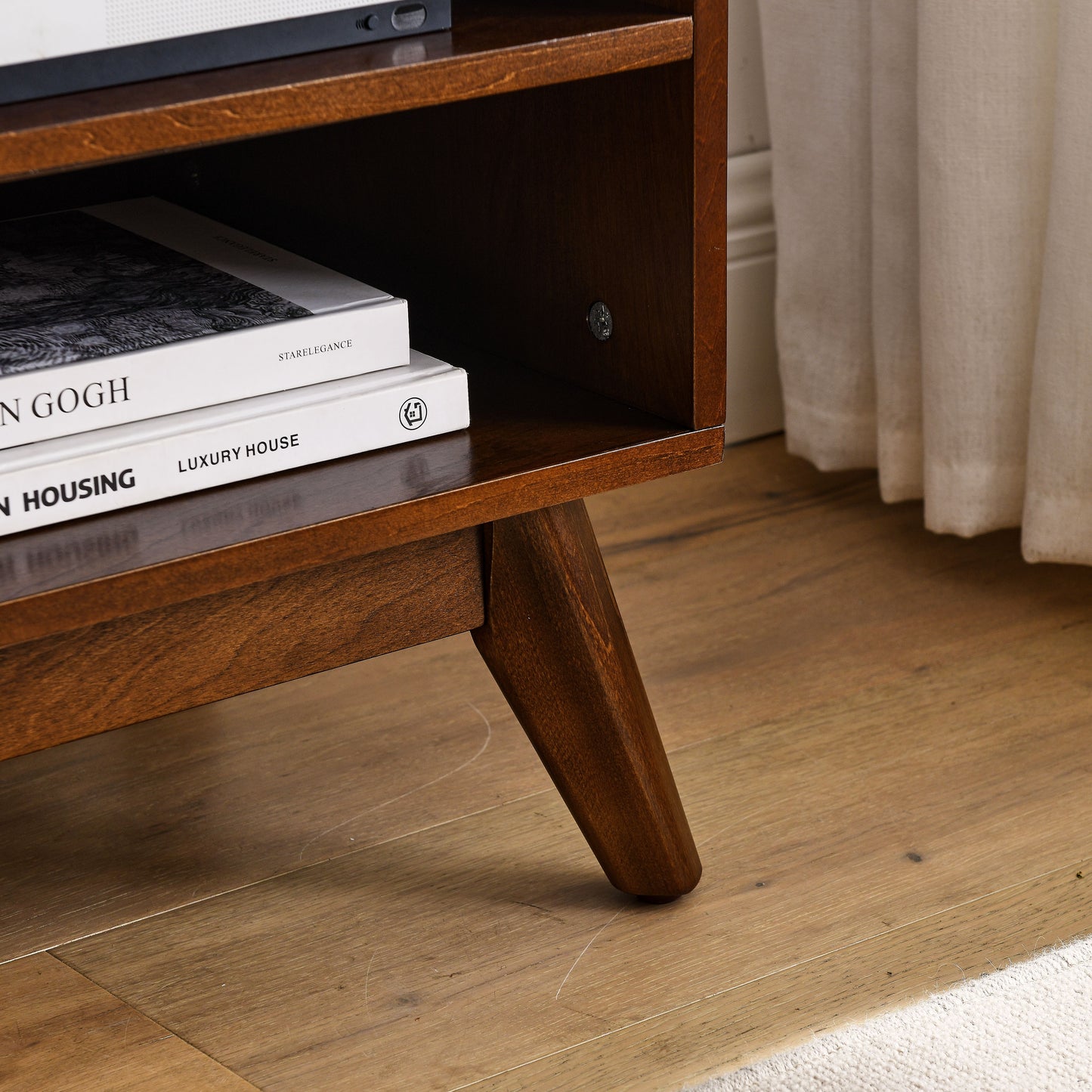 59 Inch Mid Century Modern Rattan TV Stand for 65 Inch TV - Walnut