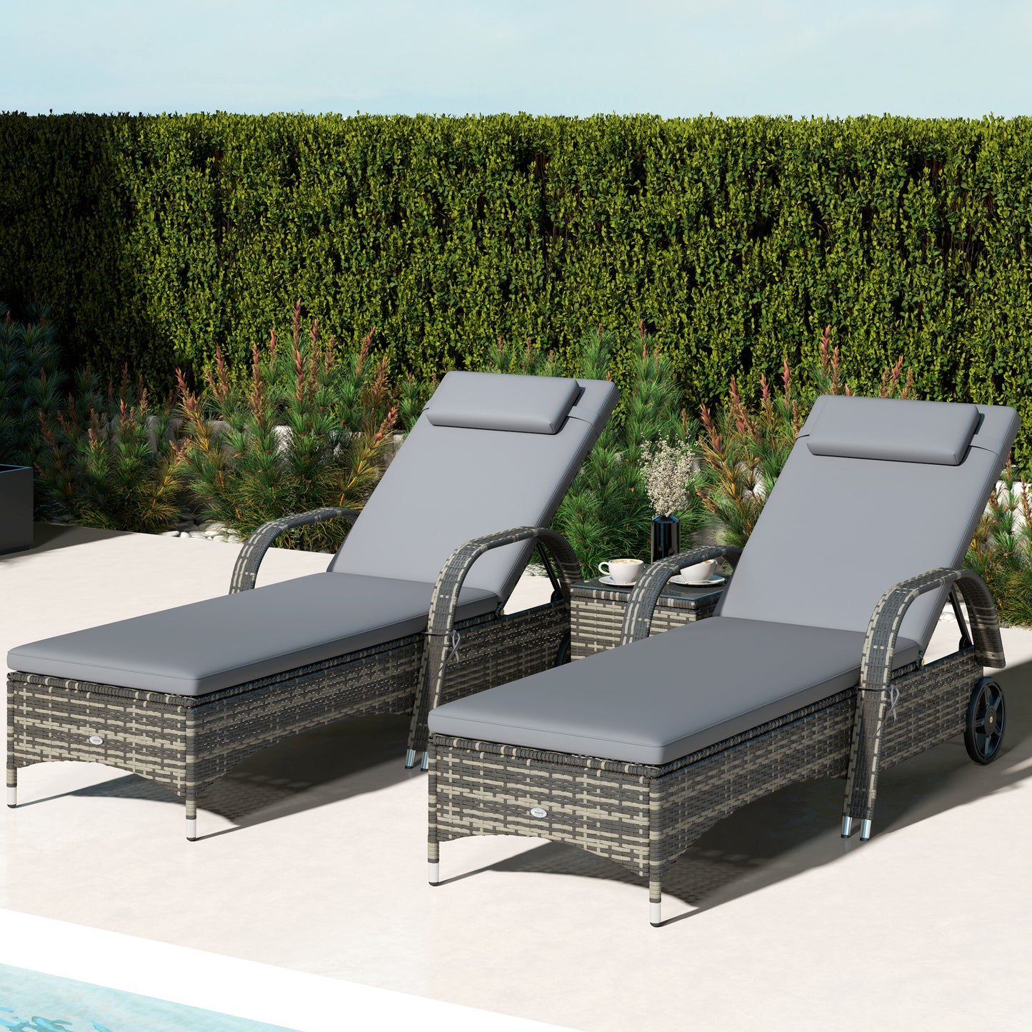Adjustable Patio Wicker Chaise Lounge Chair Set with Table - Gray