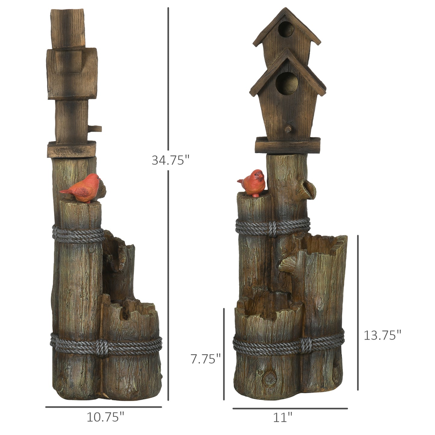 Outdoor Garden Fountain with Birdhouse and LED Lights - Rustic Tree Trunk Design