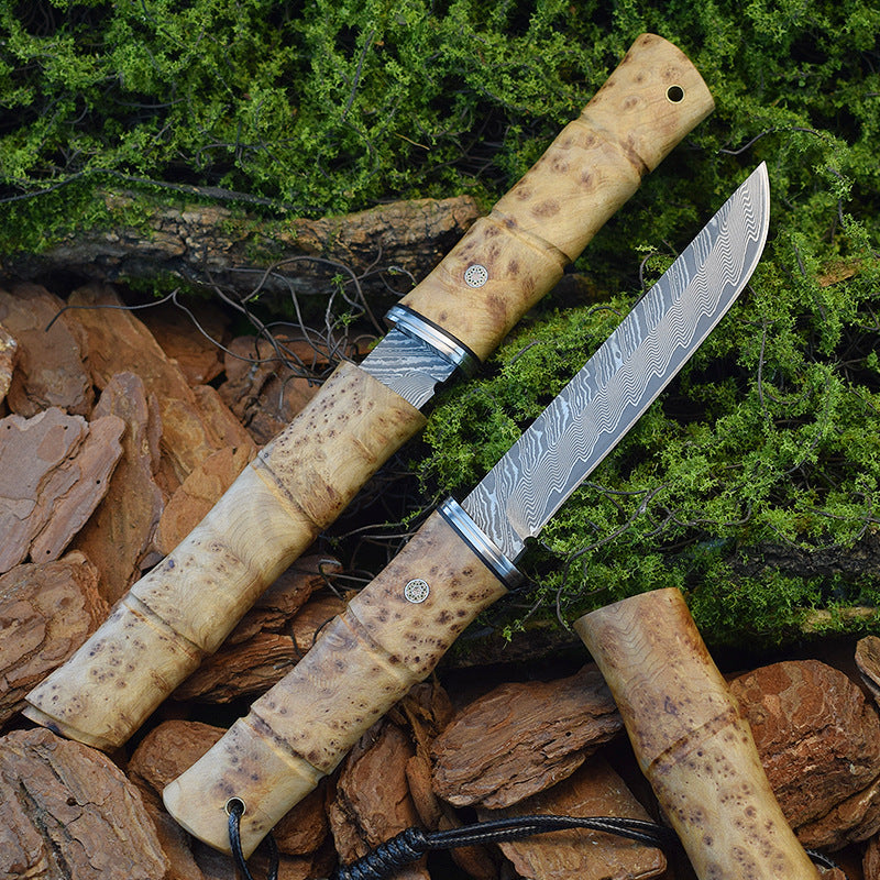Handmade Damascus Steel Tactical Camping Knife with Red Shadow Wood Handle