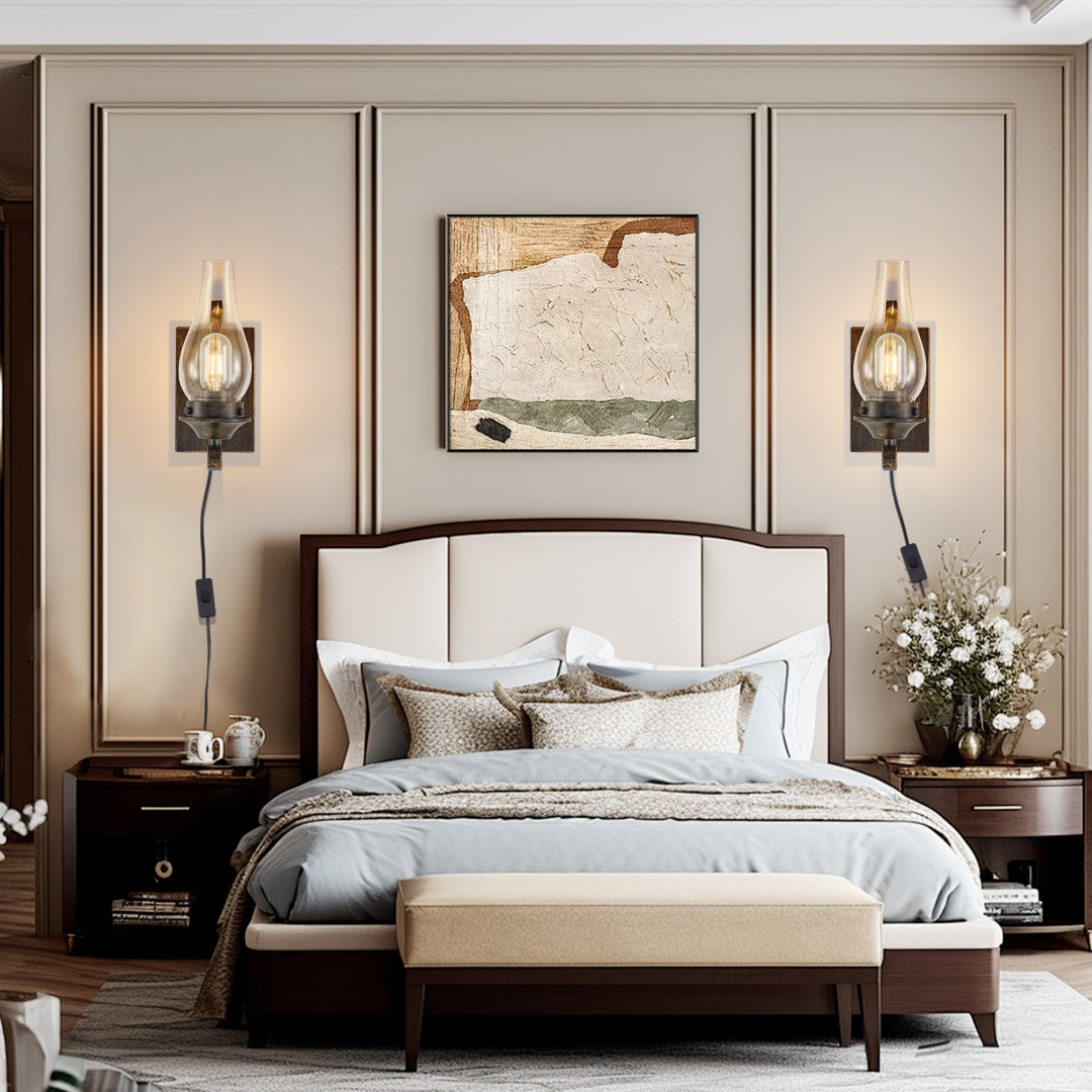 Rustic Farmhouse Wall Sconces Set of 2 - Vintage Plug-in Lights