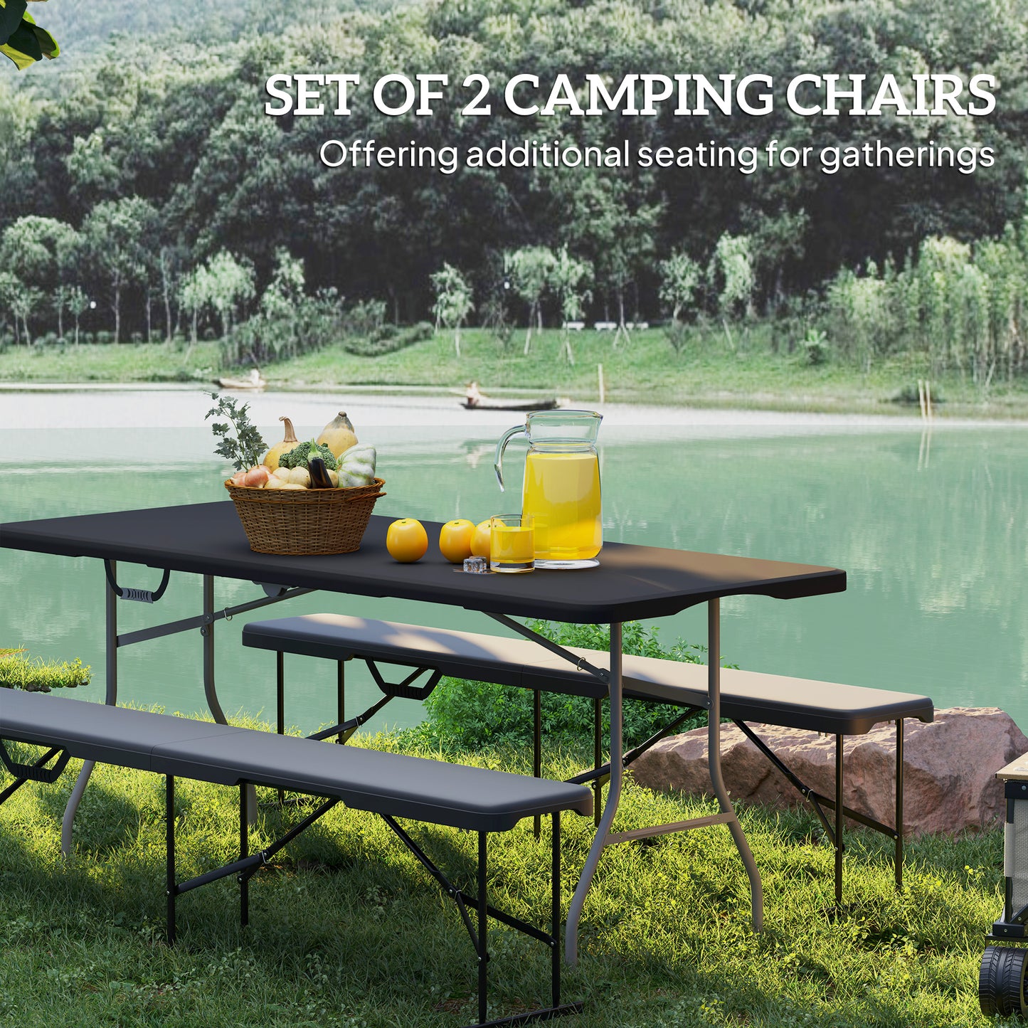2 Pack 6 Ft Portable Folding Benches with Carry Handle - Black