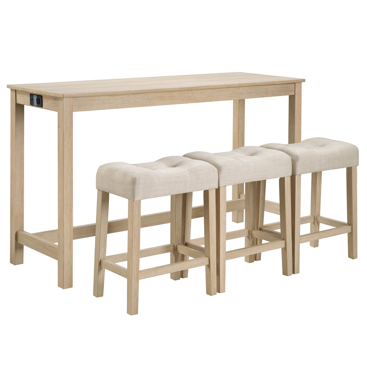 Bar Table Set with Power Outlet & 3 Stools - Light Oak