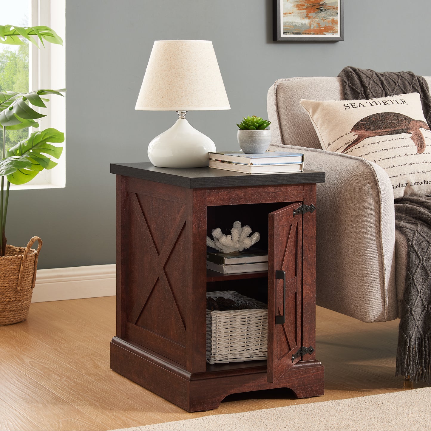 Rustic Farmhouse End Table with Barn Door and Adjustable Shelf - Oak