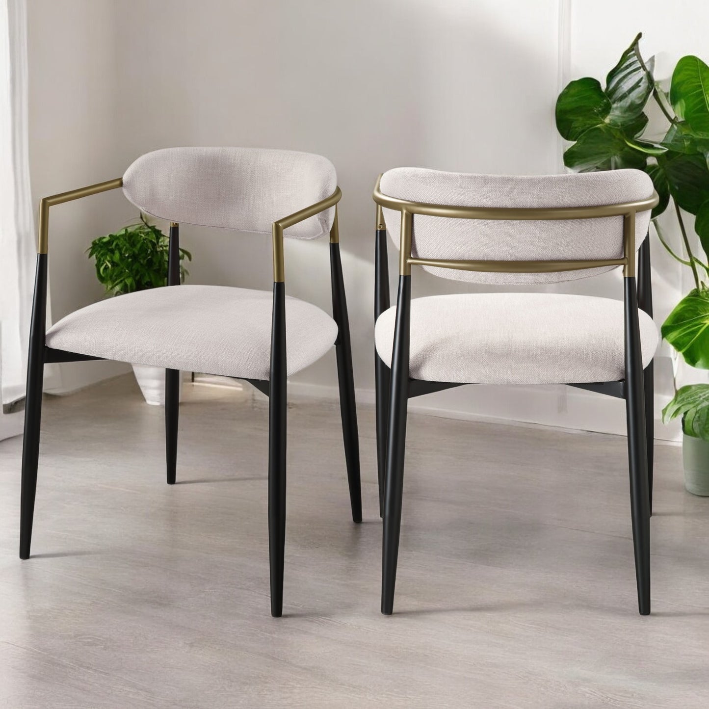 Beige Linen & Black Finish Side Chair Set of 2