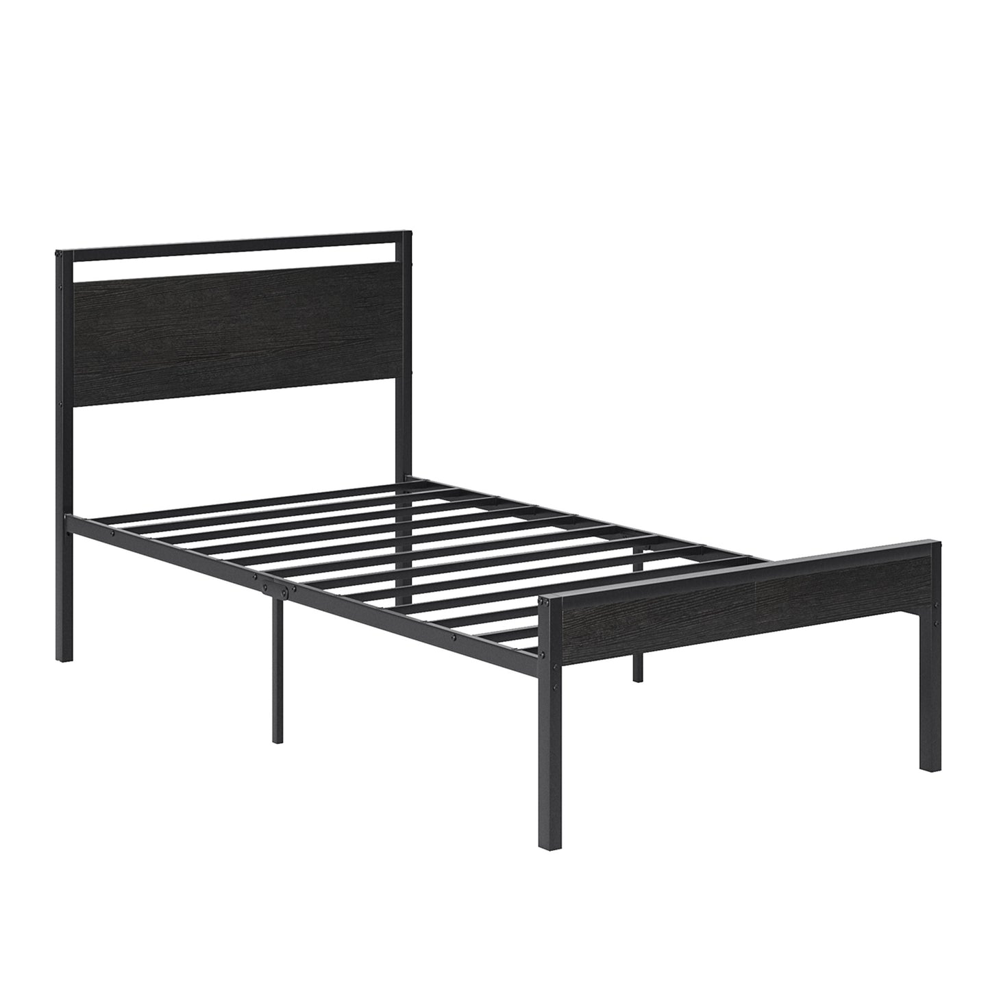 Heavy-Duty Metal Platform Bed with Wooden Headboard and Storage