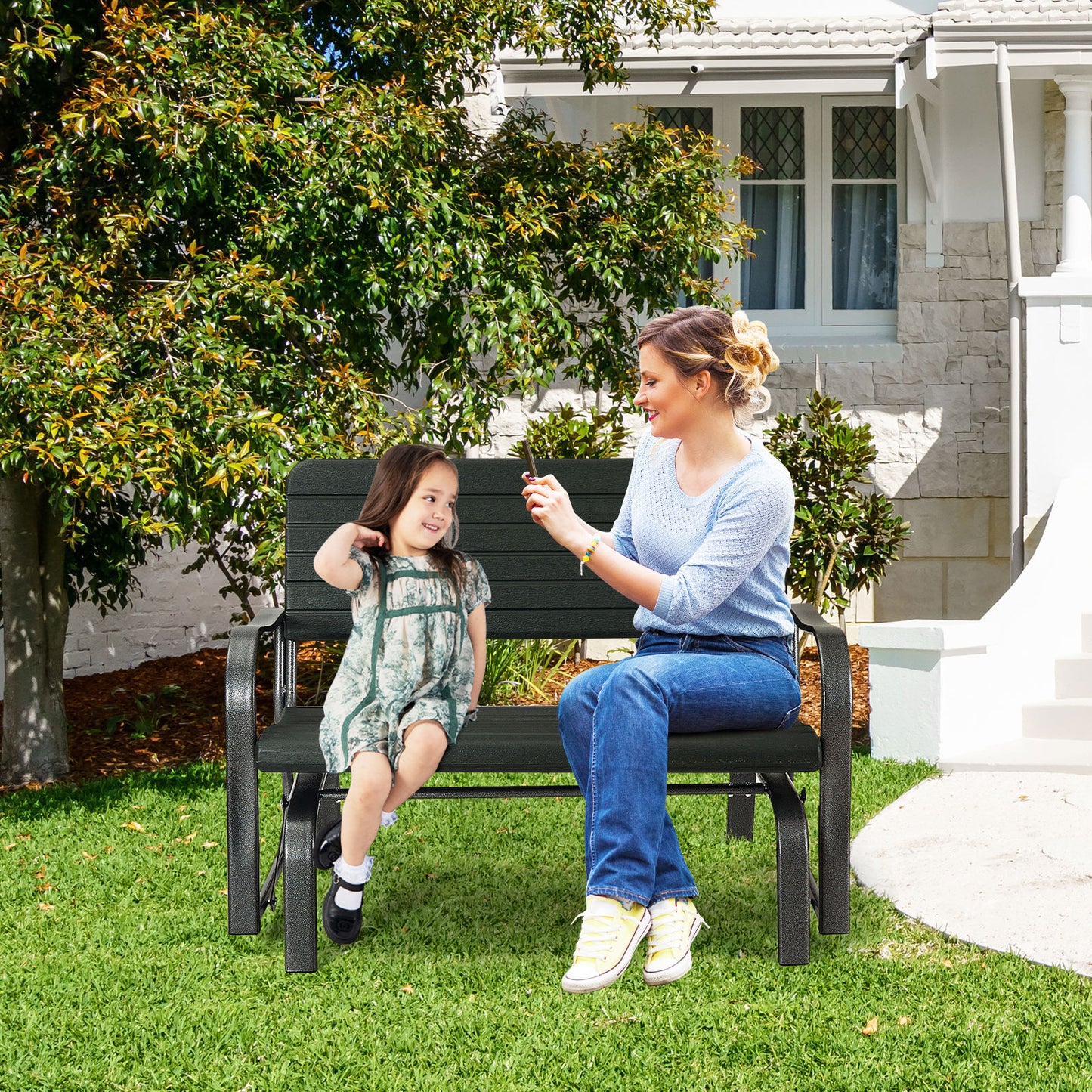2-Seat Porch Glider with HDPE Back and Steel Frame - Black