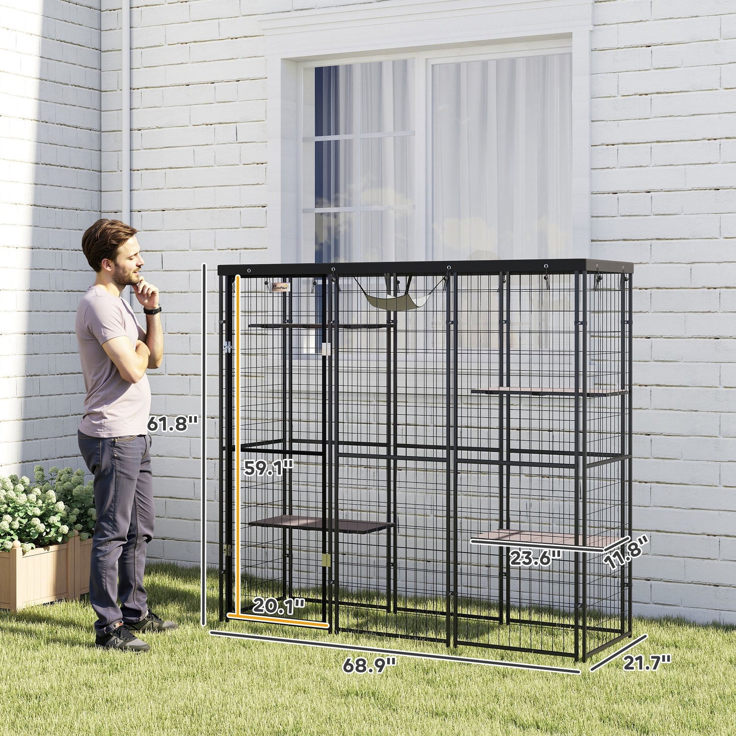 Outdoor Cat Enclosure with Waterproof Cover, 4 Platforms & Hammock for 1-3 Cats
