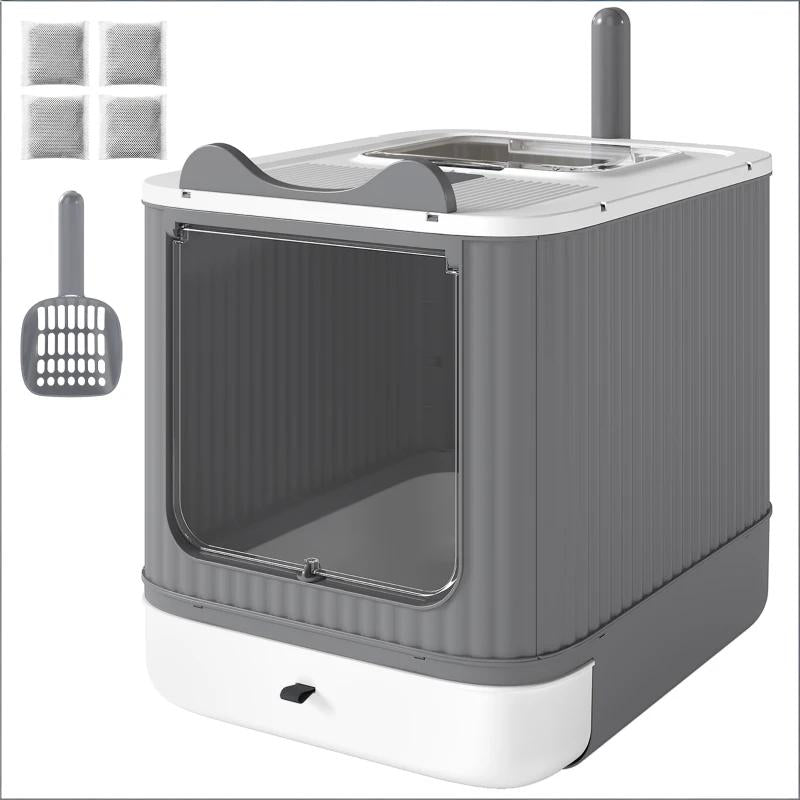 Enclosed Cat Litter Box with Slide-Out Tray - Black & Gray