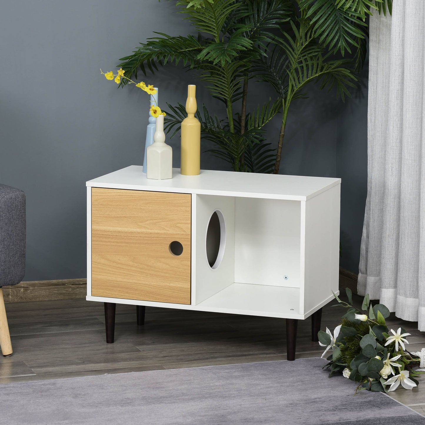 Wooden Cat House with Soft Cushion - Elevated Pet Condo with Storage - White, 800x460x160mm