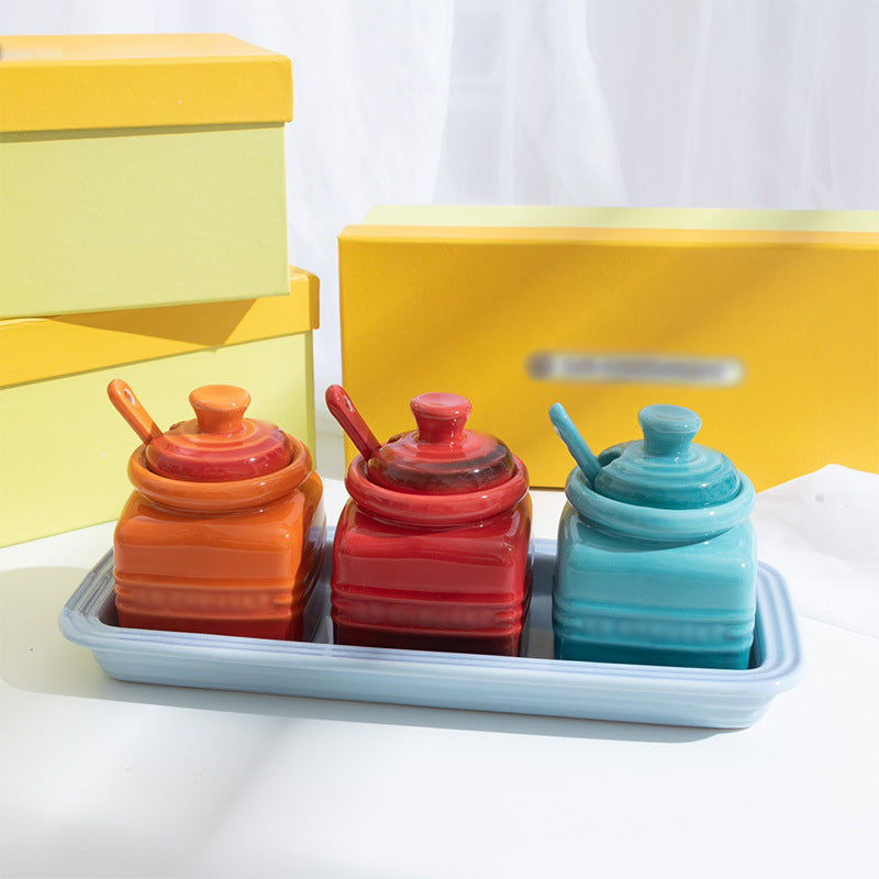 Ceramic Seasoning Jar Set with Spoon - Gift Box Condiment Bottles, Color Options
