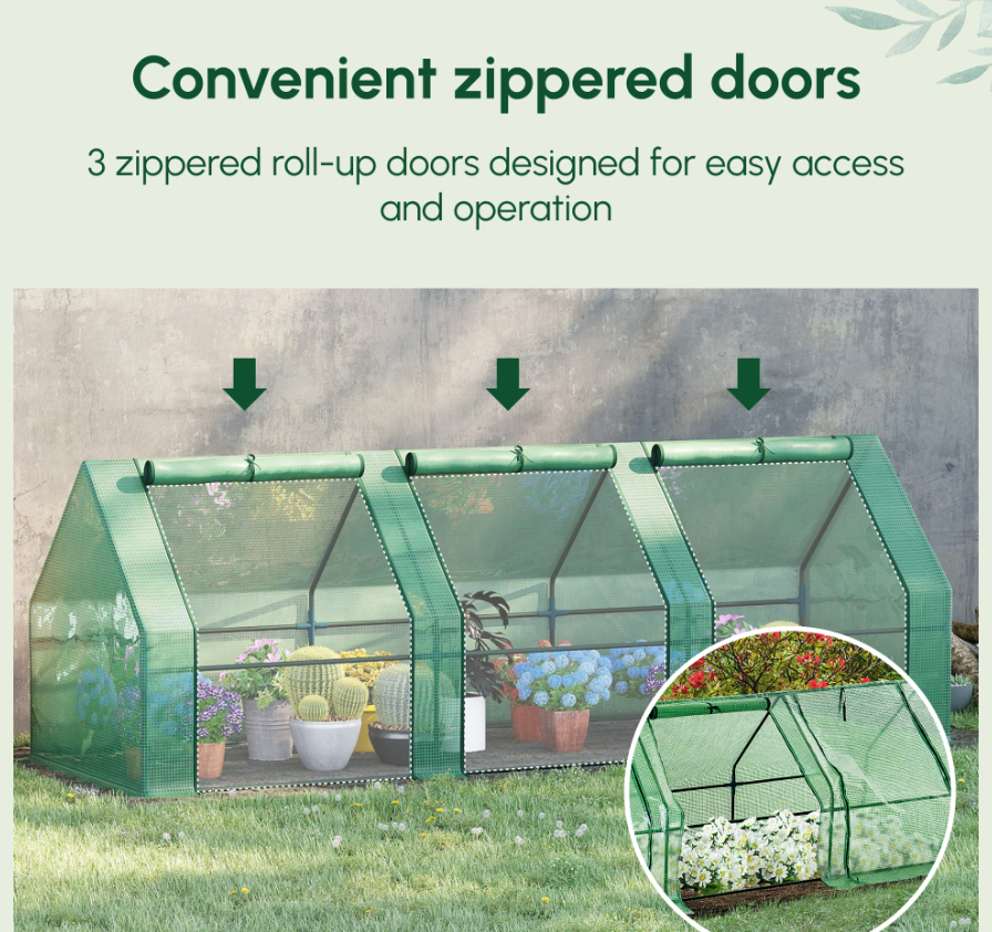 Portable Greenhouse 9ft x 3ft x 3ft with Zipper Doors UV-Resistant PE Cover Garden House