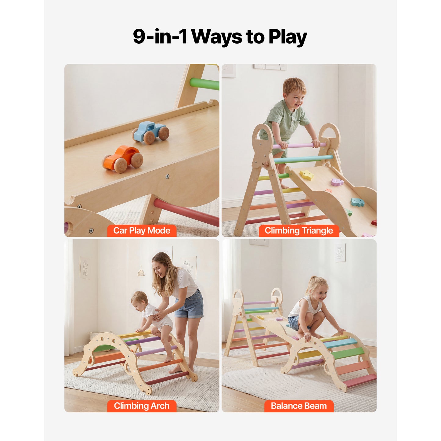 Indoor Toddler Climbing Set with Wooden Cars & Ramp - Rainbow 9-in-1 Montessori Play Equipment